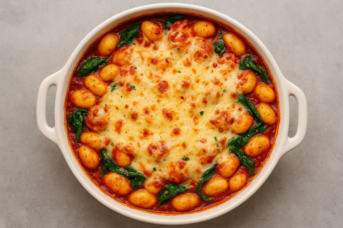 Cheesy Baked Gnocchi with Spinach & Tomato Sauce