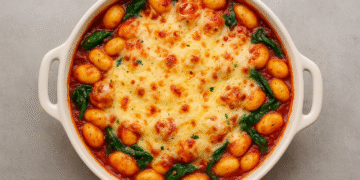 Cheesy Baked Gnocchi with Spinach & Tomato Sauce