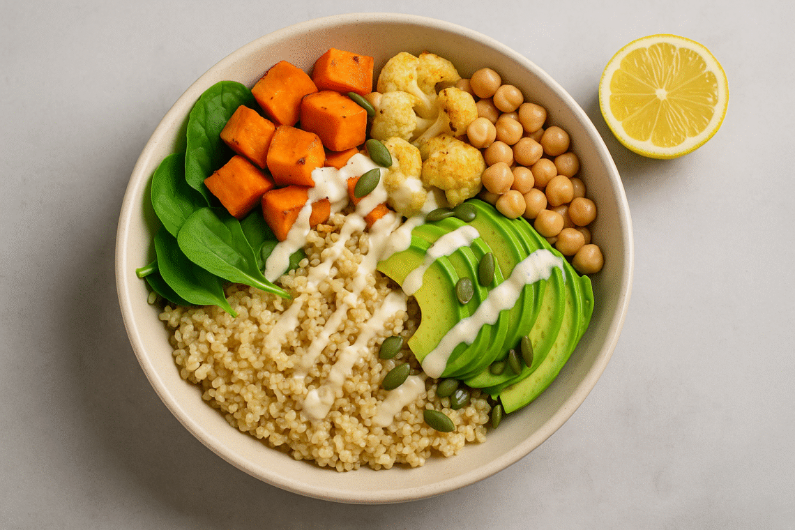 Quinoa & Roasted Veggie Bowl with Lemon Tahini Dressing