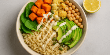 Quinoa & Roasted Veggie Bowl with Lemon Tahini Dressing